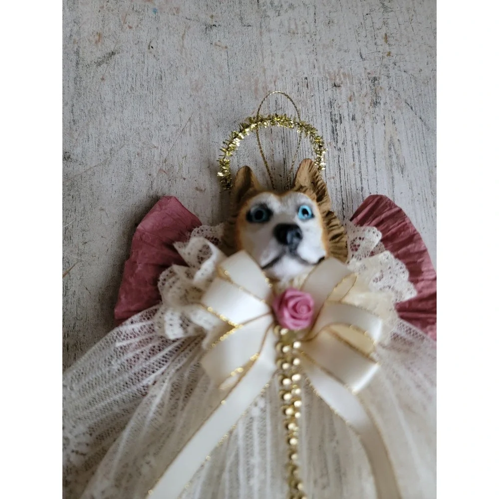 vintage husky dog puppy angel religious ornament lace Xmas home